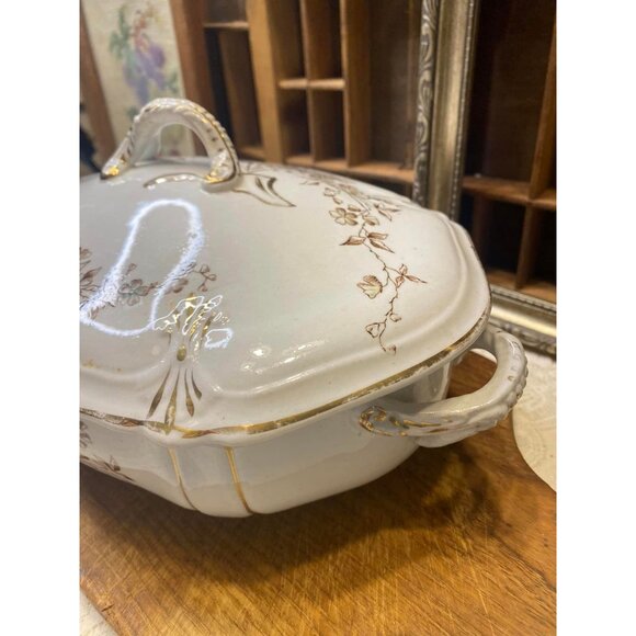 Antique White Porcelain Ironstone Meakin WM Co Tureen With Lid Floral Gold & Gre - Picture 3 of 9